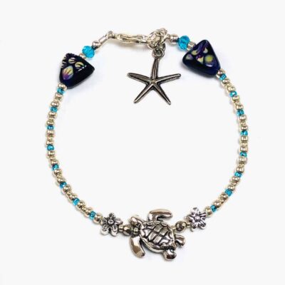 Silver Sea Turtle Micro Beaded Bracelet